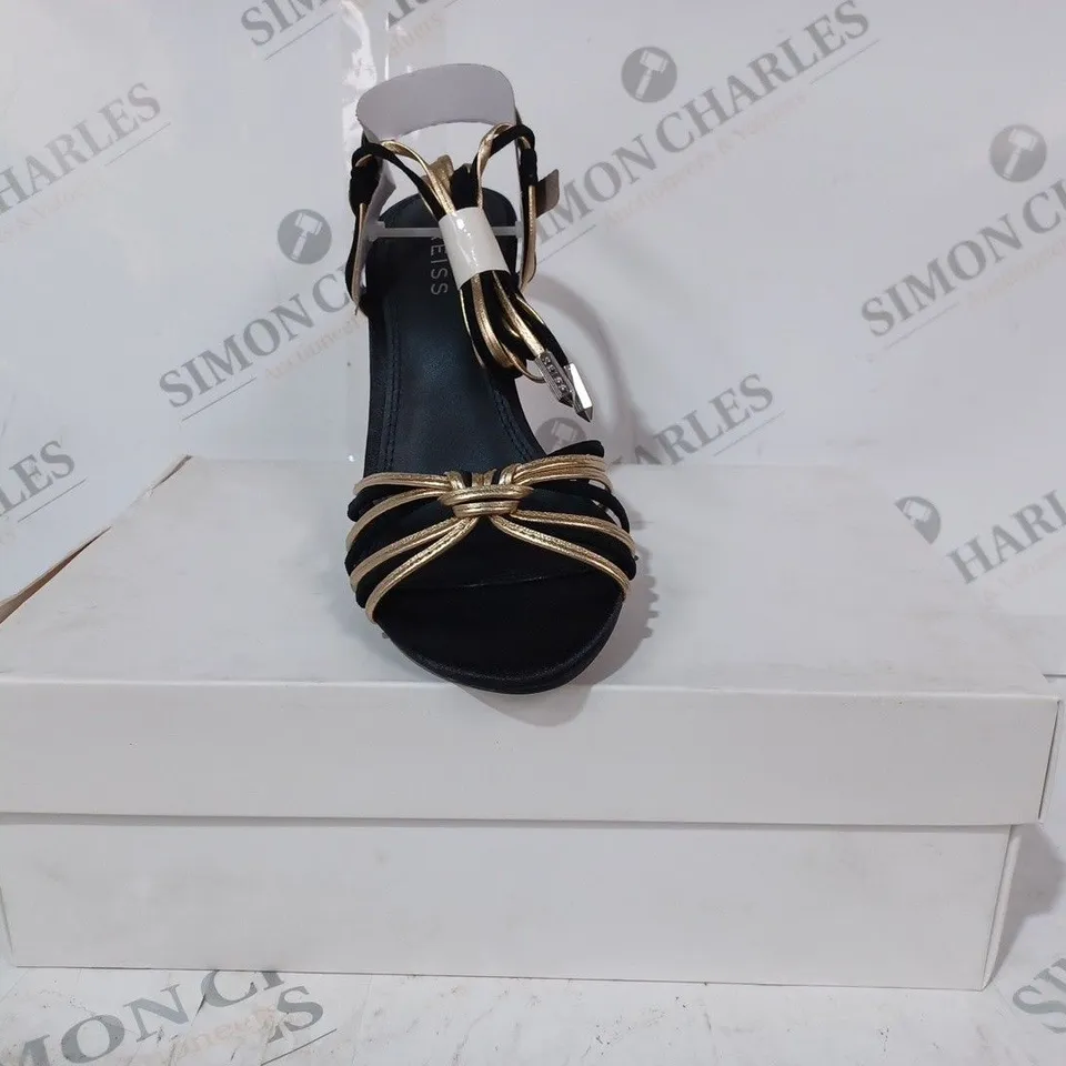 BOXED PAIR OF REISS CASSIDY STRAPPY HEELS IN BLACK/GOLD SIZE 5