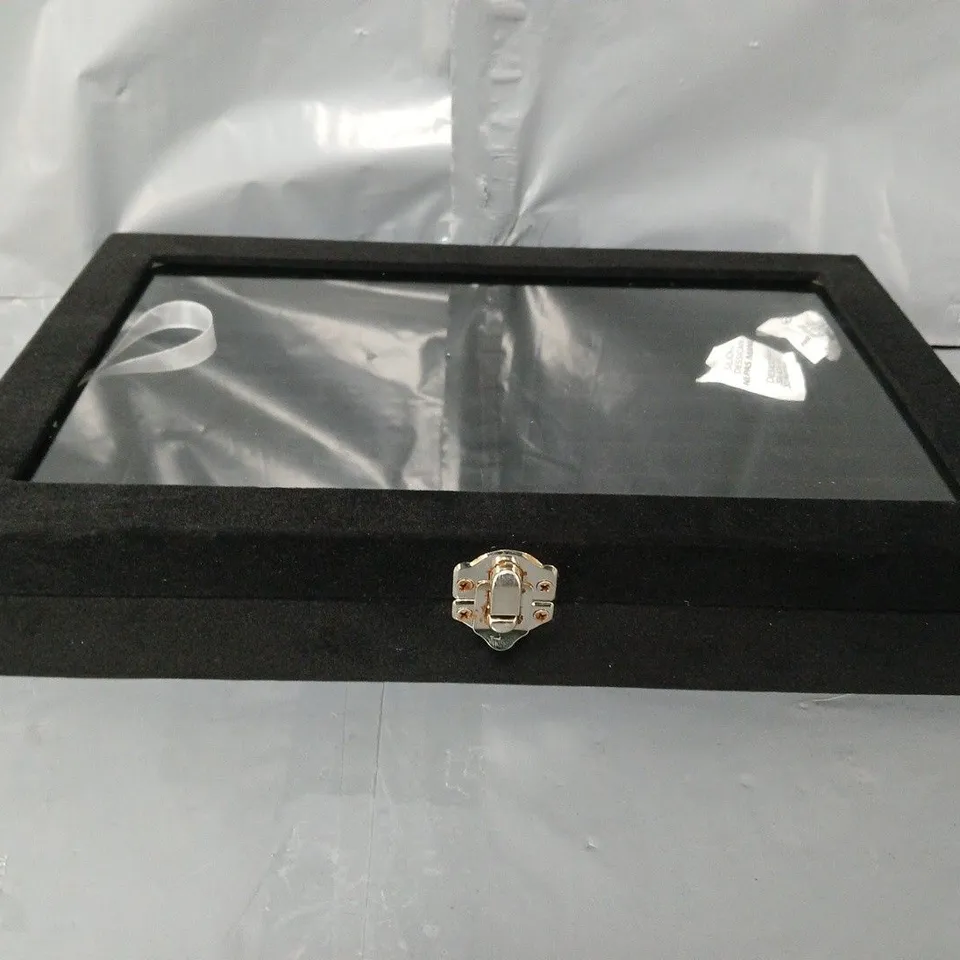 20 BOXED PORTABLE VELVET RING BOXES WITH GLASS WINDOWS (HALF BIG & SMALL RING ROWS) (SIZE - 29X18X4 CM) - BLACK