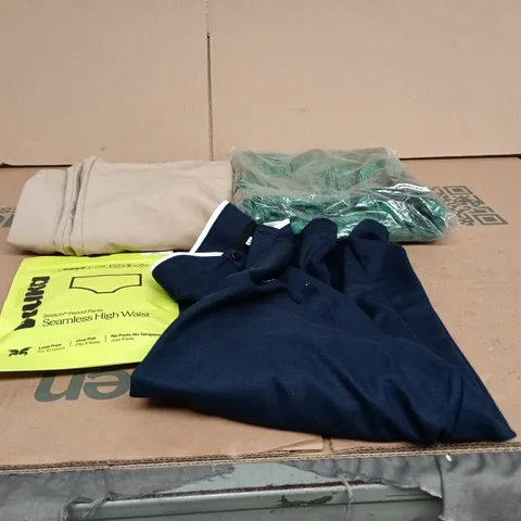 BOX OF APPROXIMATELY 25 ASSORTED CLOTHING ITEMS TO INCLUDE GREEN DRESS, POLO SHIRT, STRETCH PERIOD PANTS, LADIES TROUSERS ETC