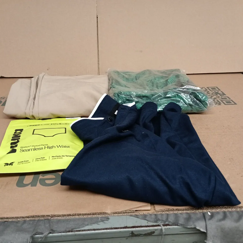 BOX OF APPROXIMATELY 25 ASSORTED CLOTHING ITEMS TO INCLUDE GREEN DRESS, POLO SHIRT, STRETCH PERIOD PANTS, LADIES TROUSERS ETC
