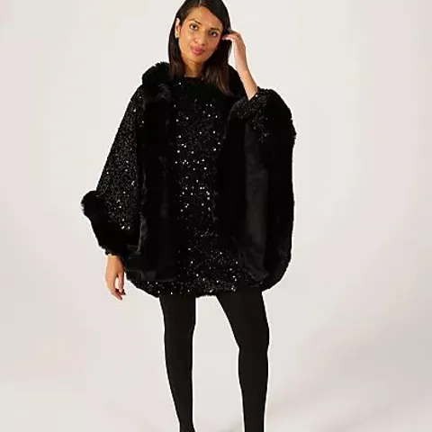 FRANK USHER SEQUIN CAPE FAUX FUR TRIM AND BACKING BLACK 