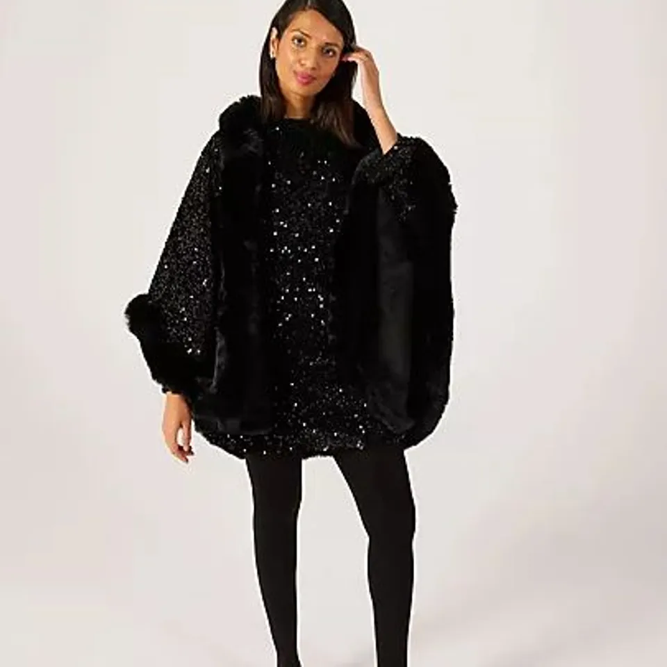 FRANK USHER SEQUIN CAPE FAUX FUR TRIM AND BACKING BLACK 