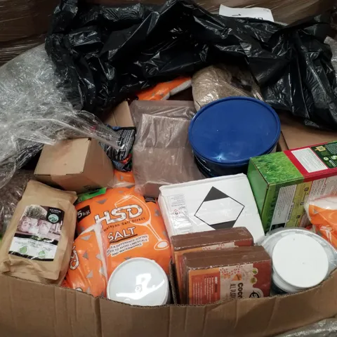 PALLET CONTAINING ASSORTED PRODUCTS INCLUDING ALL PURPOSE COMPOST, LAWN REPAIR, HIMALAYAN SALT, & RENDER REPAIR MORTAR