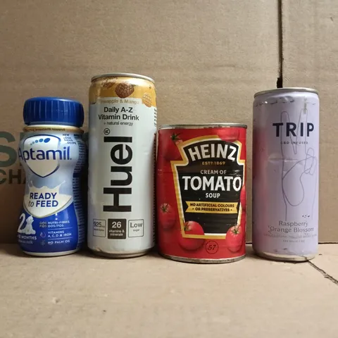 APPROXIMATELY 10 ASSORTED FOOD AND DRINK ITEMS TO INCLUDE TRIP, HUEL, APTAMIL, ETC