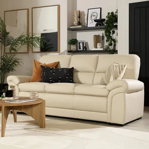 BOXED BROMLEY 3 SEATER SOFA, IVORY PREMIUM FAUX LEATHER (1 BOX)