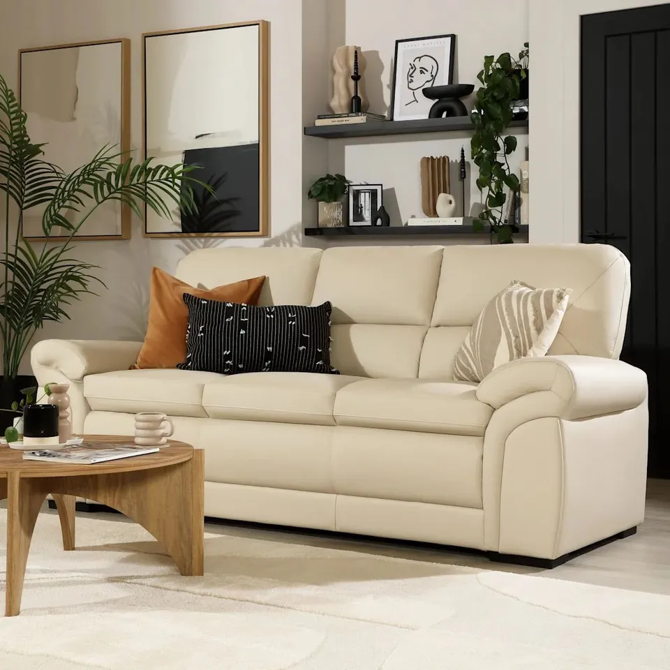 BOXED BROMLEY 3 SEATER SOFA, IVORY PREMIUM FAUX LEATHER (1 BOX)
