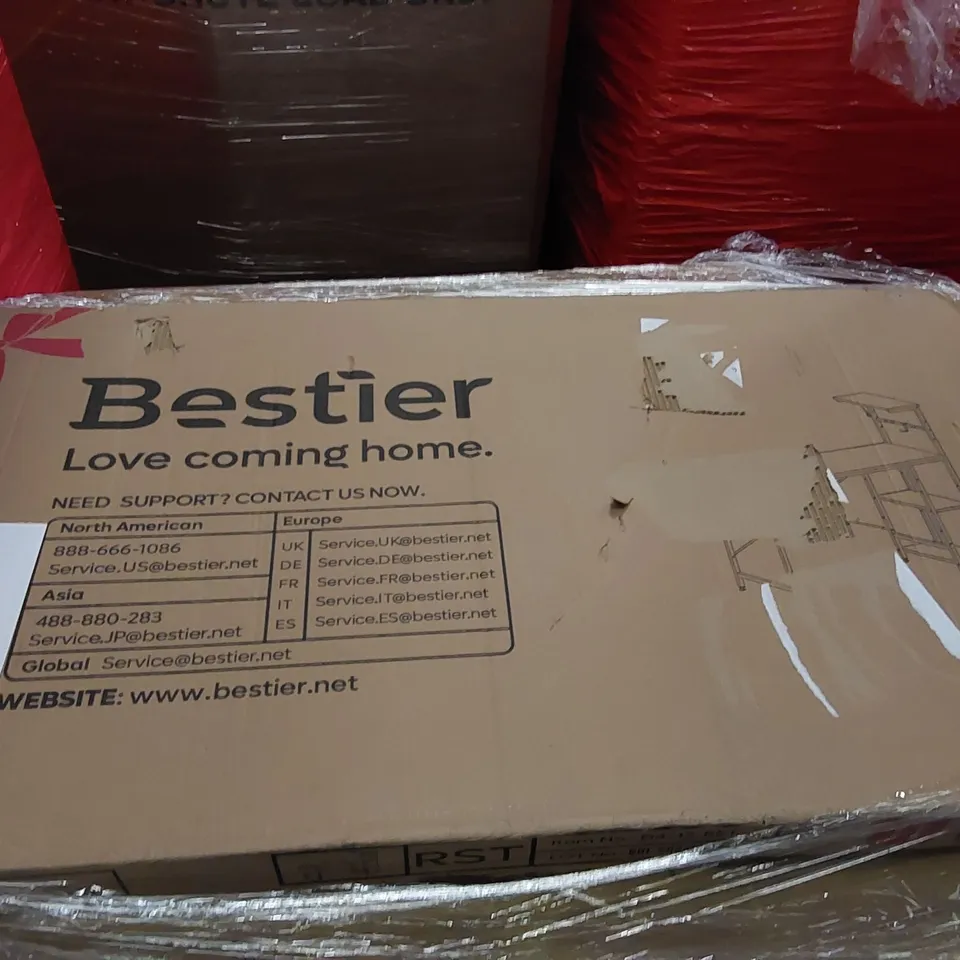 PALLET OF ASSORTED ITEMS INCLUDING: SHELVING DESK, SINGLE BED 