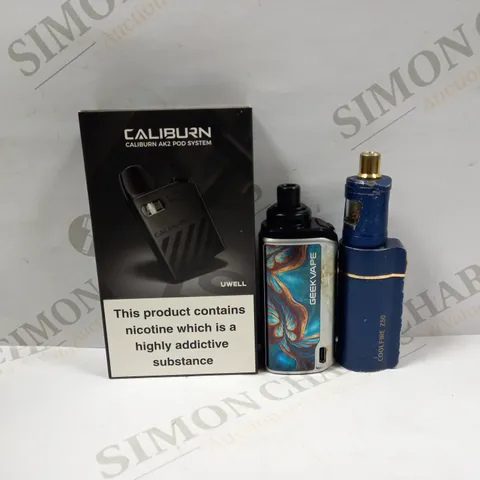 BOX OF APPROXMATELY 26 E-CIGARETTES AND LIQUIDS TO INCLUDE GEEKVAPE OBELISK, CALIBURN AK2 POD SYSTEM, INNOKIN COOLFIRE Z50, ETC