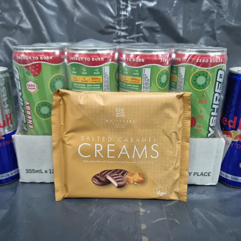 APPROXIMATELY 10 ASSORTED FOOD ITEMS TO INCLUDE RED BULL, SALTED CARAMEL CREAMS, OXYSHRED MULTIPACK