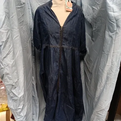 SCAMP AND DUDE ADULTS ZIP FRONT DENIM TIERED MIDI DRESS IN INDIGO - SIZE 20