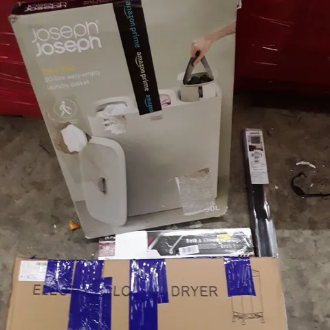 PALLET OF ASSORTED HOUSEHOLD GOODS AND PRODUCT TO INCLUDE; ELECTRIC CLOTHING DRYER, 90 LITRE EASY EMPTY LAUNDRY BASKET, BATH & SHOWER GRAB BAR, WINDOW BLIND ETC 