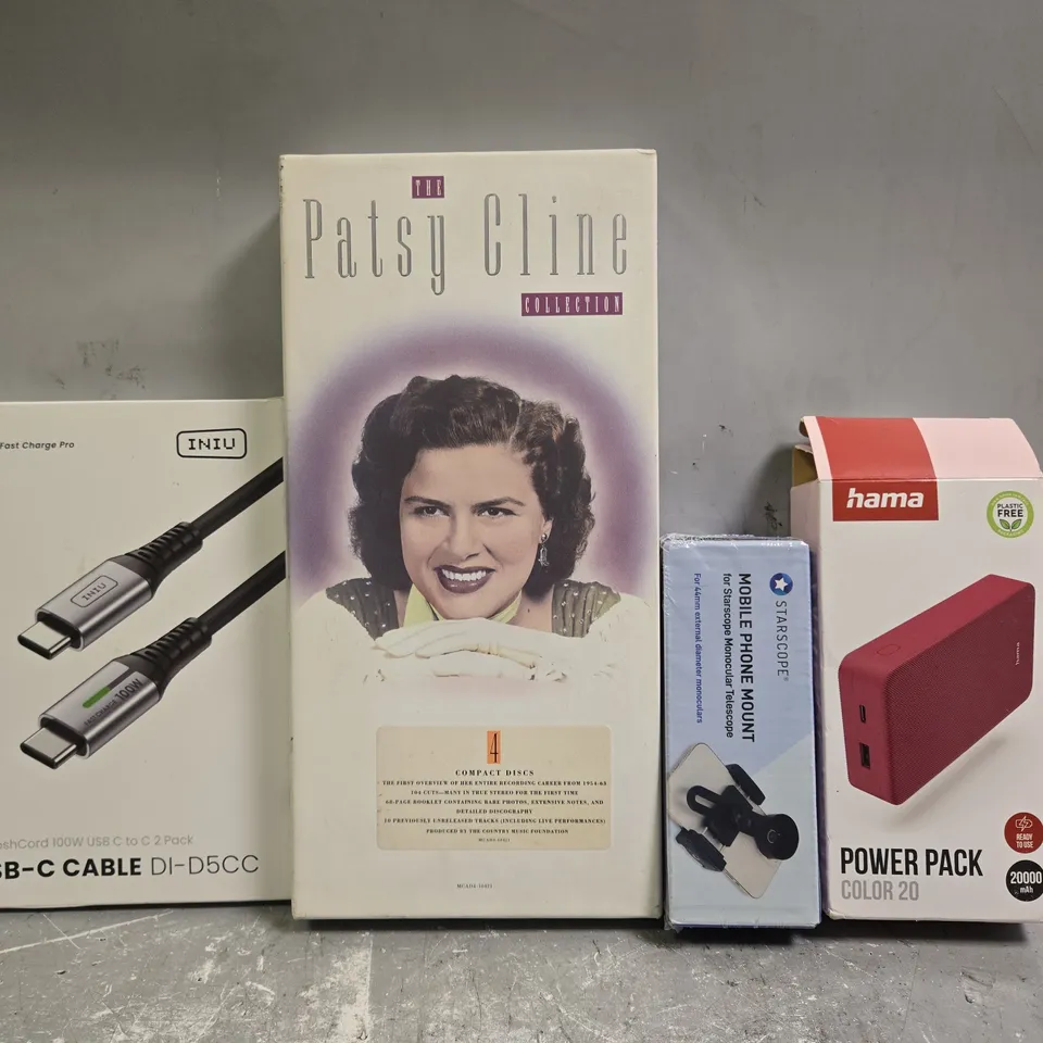 APPROXIMATELY 10 ASSORTED ELECTRICAL ITEMS TO INCLUDE POWER PACK, THE PATSY CLINE COLLECTION, ETC