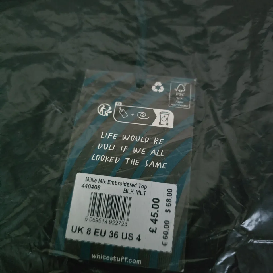 WHITE STUFF MILLIE MIX EMBROIDERED TOP – BLACK, UK 8