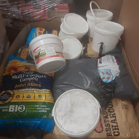 PALLET CONTAINING A LARGE QUANTITY OF ASSORTED ITEMS INCLUDING: RESTAURANT CHARCOAL, COMPOST, NATURAL POULTRY PROTECTOR ECT