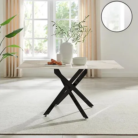 BOXED LEONARDO RECTANGULAR WHITE MARBLE EFFECT GLASS AND BLACK 6 SEATER DINING TABLE (2 BOXES)