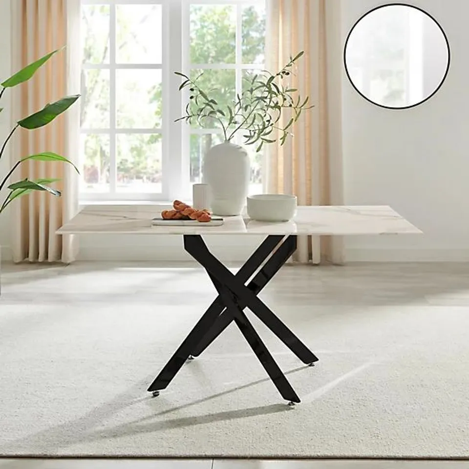 BOXED LEONARDO RECTANGULAR WHITE MARBLE EFFECT GLASS AND BLACK 6 SEATER DINING TABLE (2 BOXES)