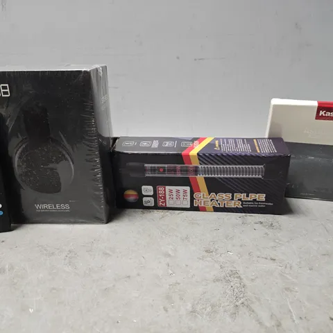 APPROXIMATELY 6 ASSORTED ITEMS TO INCLUDE -STEREO HEADPHONES , AMAZON FIRE STICK REMOTE , GLASS PLPE HEATER ETC