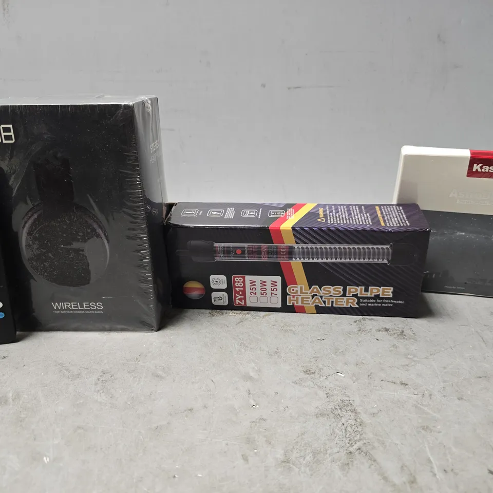 APPROXIMATELY 6 ASSORTED ITEMS TO INCLUDE -STEREO HEADPHONES , AMAZON FIRE STICK REMOTE , GLASS PLPE HEATER ETC