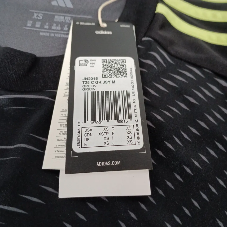 ADIDAS FOOTBALL JERSEY – BLACK WITH NEON YELLOW STRIPES, UK XS