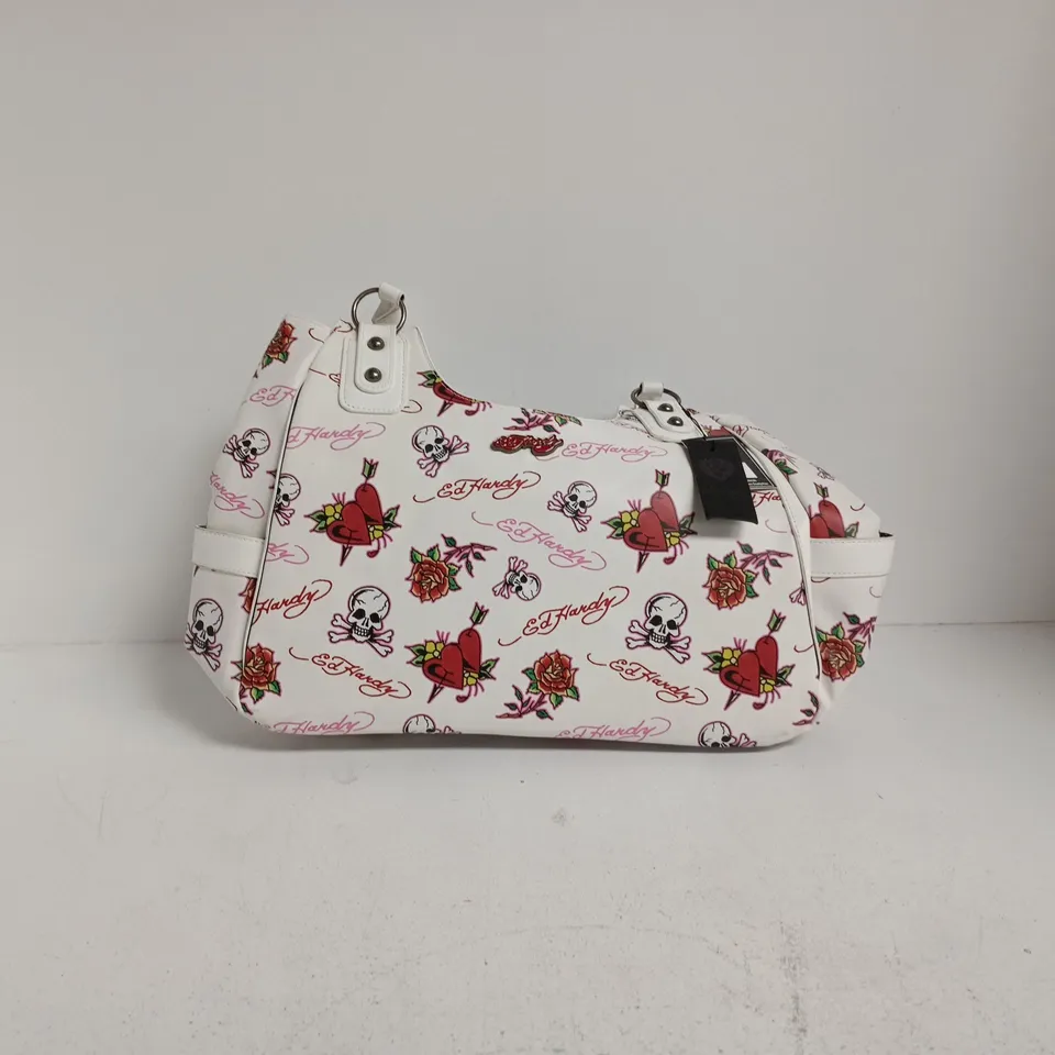 ED HARDY TOTE BAG – WHITE WITH SKULLS AND ROSES PRINT VEGAN