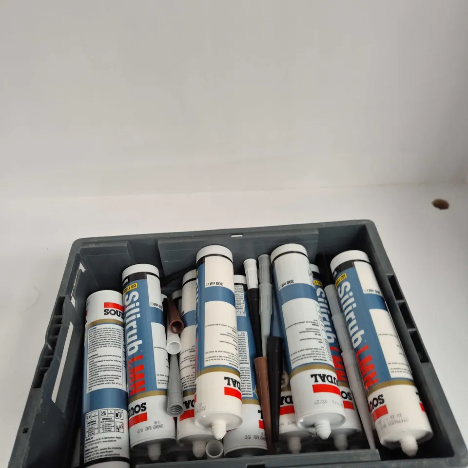 TOTE OF APPROXIMATELY 15 SOUDAL SILIRUB NEUTRAL SILICONE SEALANT CARTRIDGES – ASSORTED COLOURS IN CRATE (300ML)