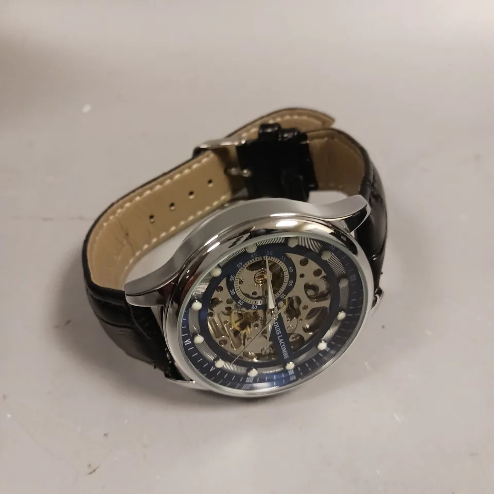 MENS LOUIS LACOMBE AUTOMATIC WATCH – SKELETON DIAL – GLASS EXHIBITION BACK CASE – LEATHER STRAP