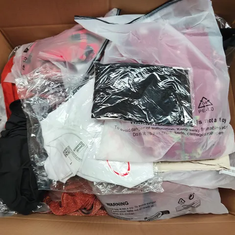 LARGE BOX OF APPROXIMATELY 25 ASSORTED CLOTHING ITEMS IN VARIOUS COLOURS, STYLES AND SIZES - COLLECTION ONLY