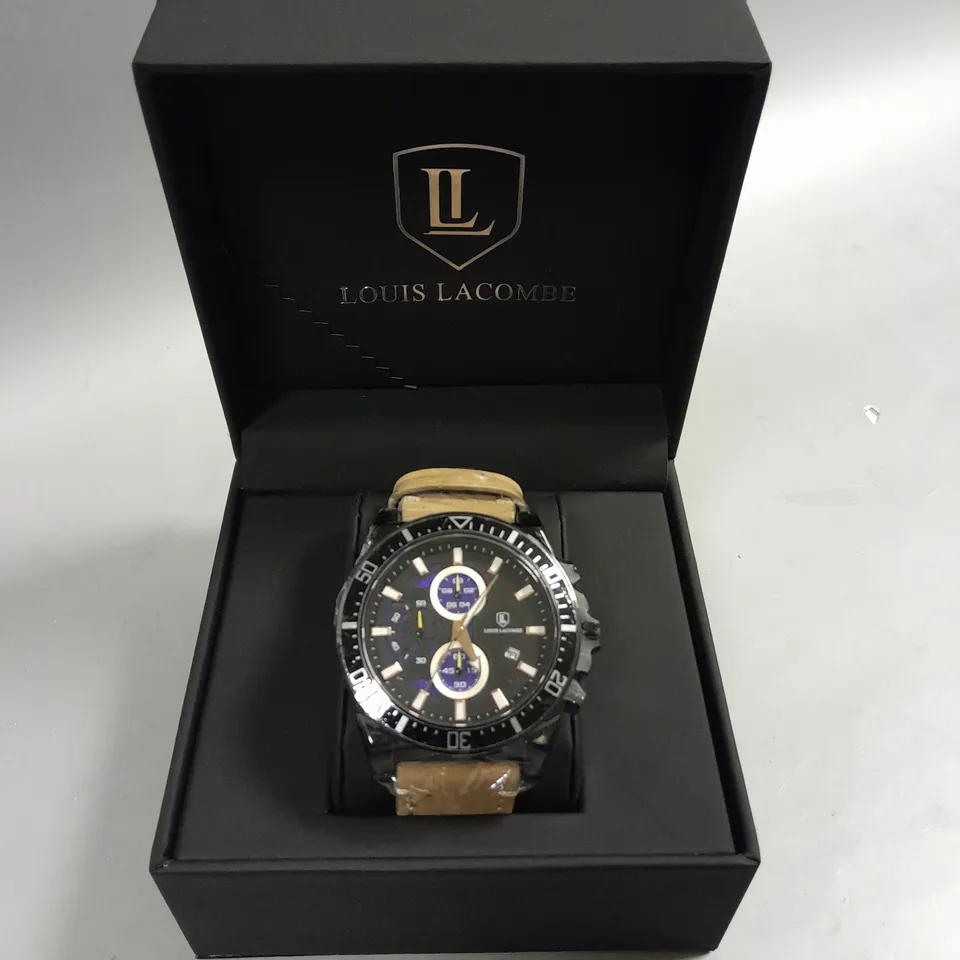 MENS LOUIS LACOMBE CHRONOGRAPH 3 SUB DIAL WATCH IN BLACK WITH BROWN LEATHER STRAP IN GIFT  BOX