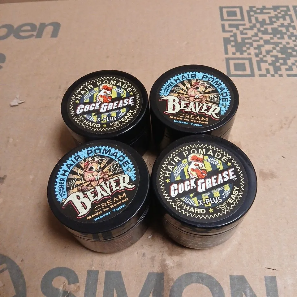 BOX OF APPROXIMATELY 55 X ASSORTED HAIR CARE PRODUCTS: COCK GREASE MEDIUM HOLD X PLUS 50G + BEAVER CREAM HAIR POMADE 50G