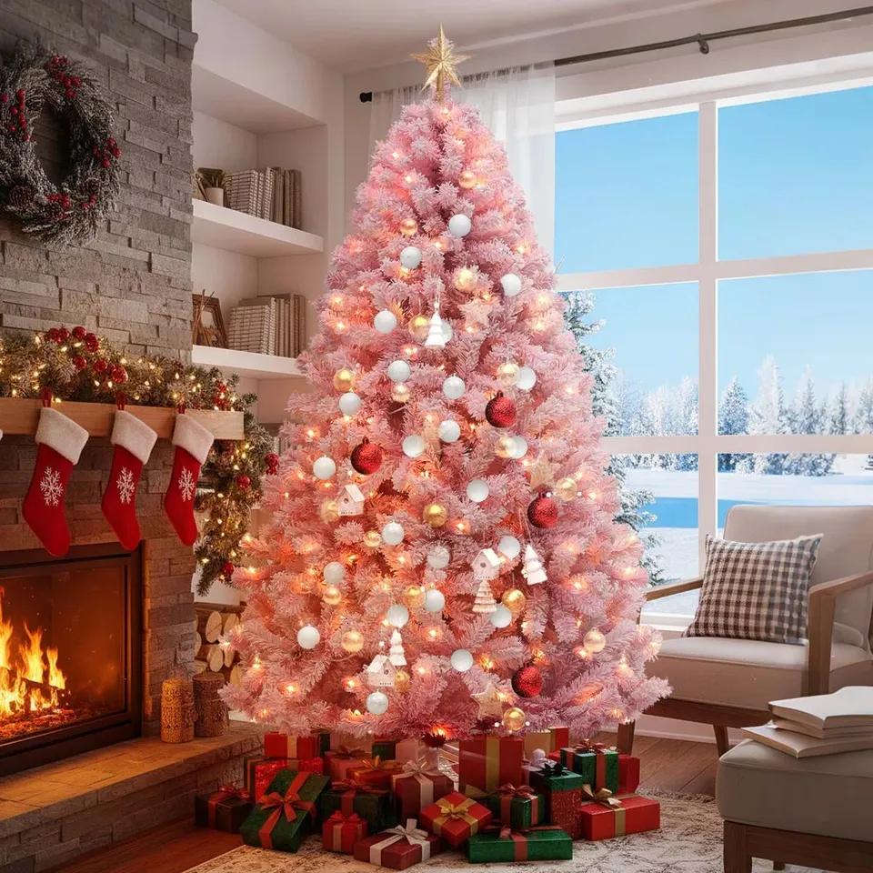 BOXED 182cm PRELIT PINK FLOCKED SPRUCE ARTIFICIAL CHRISTMAS TREE (1 BOX)