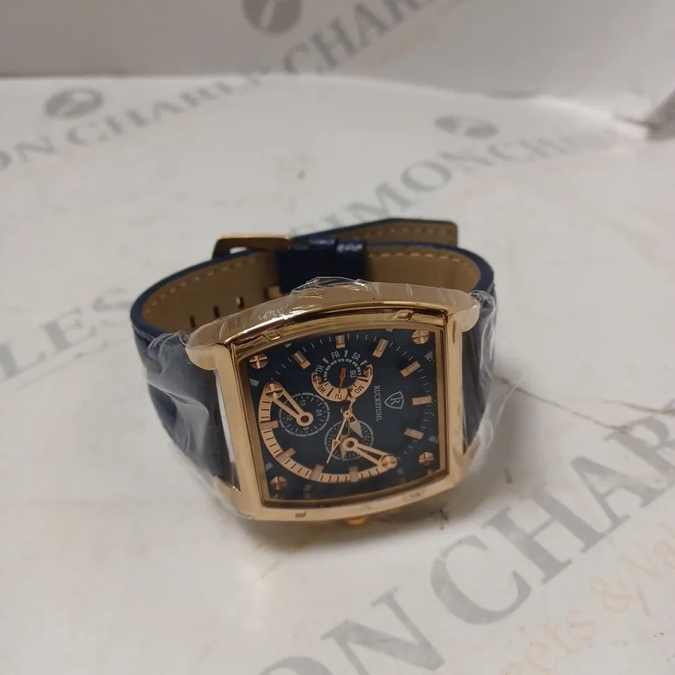 MEN’S RUCKSTUHL R300 CHRONOGRAPH WATCH – GOLD COLOUR CASE - BLUE MULTI FUNCTION DIAL – 3ATM WATER RESISTANT – GENUINE LEATHER STRAP