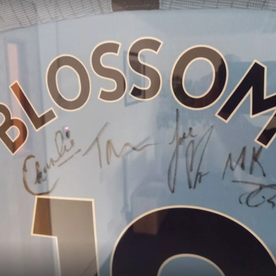 FRAMED AND MOUNTED MANCHESTER CITY SHIRT SIGNED BY STOCKPORT BASED BAND BLOSSOMS- ALL PROCEEDS WILL GO DIRECTLY TO CHARITY 