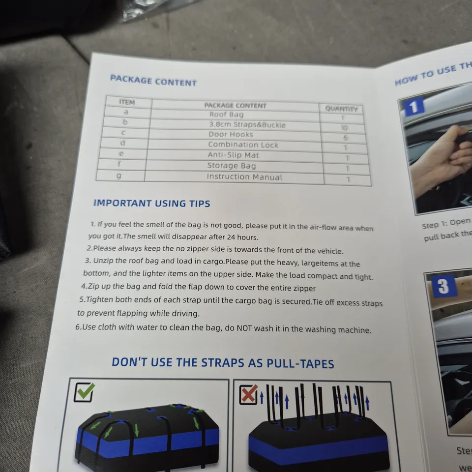 CAR ROOF CARGO BAG WITH STRAPS & MANUAL
