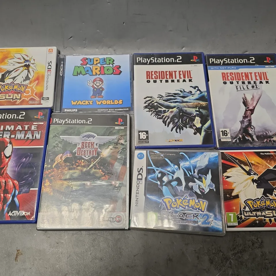 APPROXIMATELY 15 ASSORTED VIDEO GAMES TO INCLUDE - PLAYSTATION 2 RESIDENT EVIL, NINTENDO 3DS POKEMON SUN , PLAY STATION 2 ULTIMATE SPIDER MAN ETC