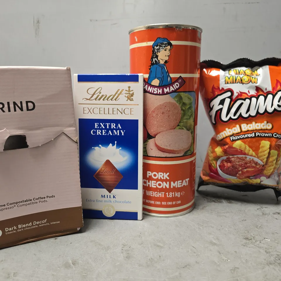 APPROXIMATELY 4 ASSORTED FOOD ITEMS TO INCLUDE - PORK LUNCHEON MEAT , LINDT EXTRA CREAMY MILK , GRIND DARK BLEND DECAF ETC