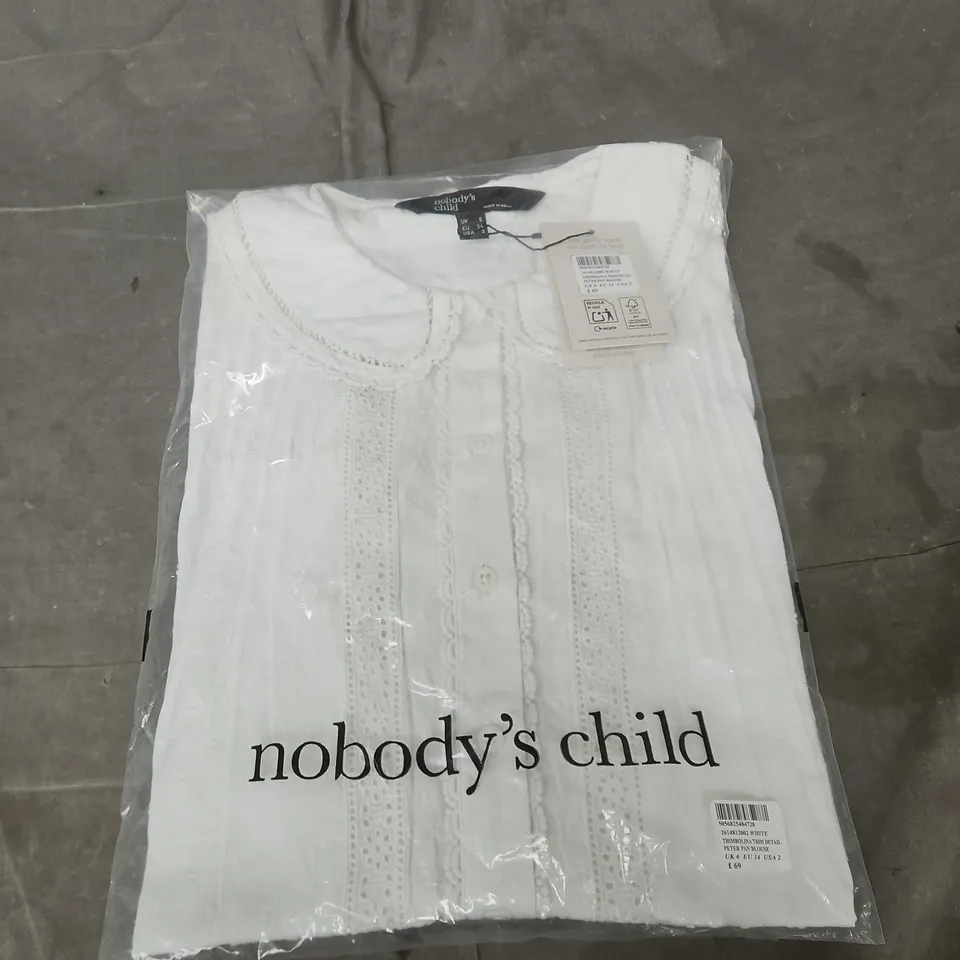 NOBODY'S CHILD WHITE PETER PAN BLOUSE – THIMBOLINA TRIM DETAIL, UK 6 