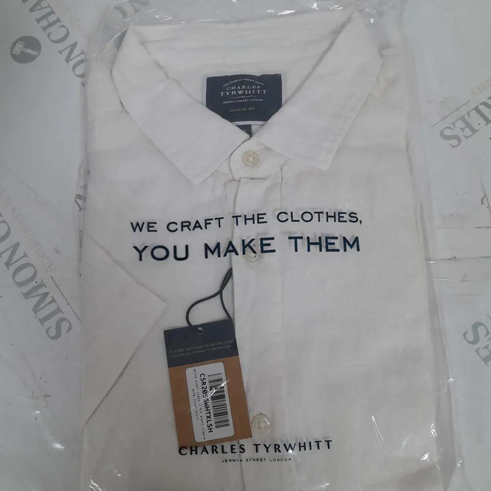 CHALES TYRWHITT WHITE PLAIN CLASSIC SS LINEN SHIRT - XL