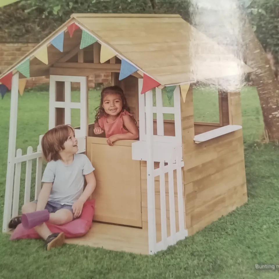 BOXED TP WOODEN CUBBY HOUSE WITH VERANDA