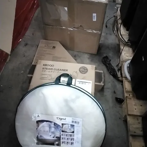 PALLET OF HOUSEHOLD ITEMS TO INCLUDE SPINNING CHAIR, STUNT SCOOTER, STEAM CLEANER, MOSQUITO NET AND OTHER ASSORTED ITEMS...