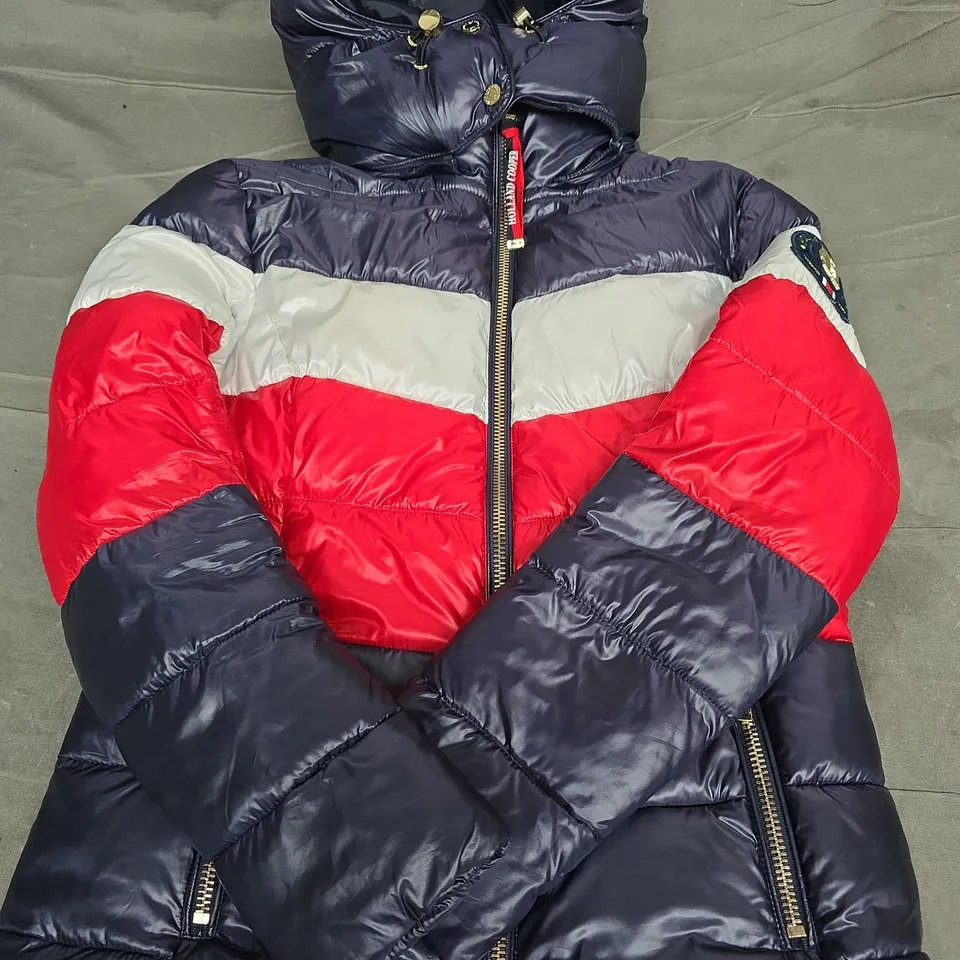 HOLLAND COOPER COLOUR-BLOCK PUFFER JACKET – SIZE XS