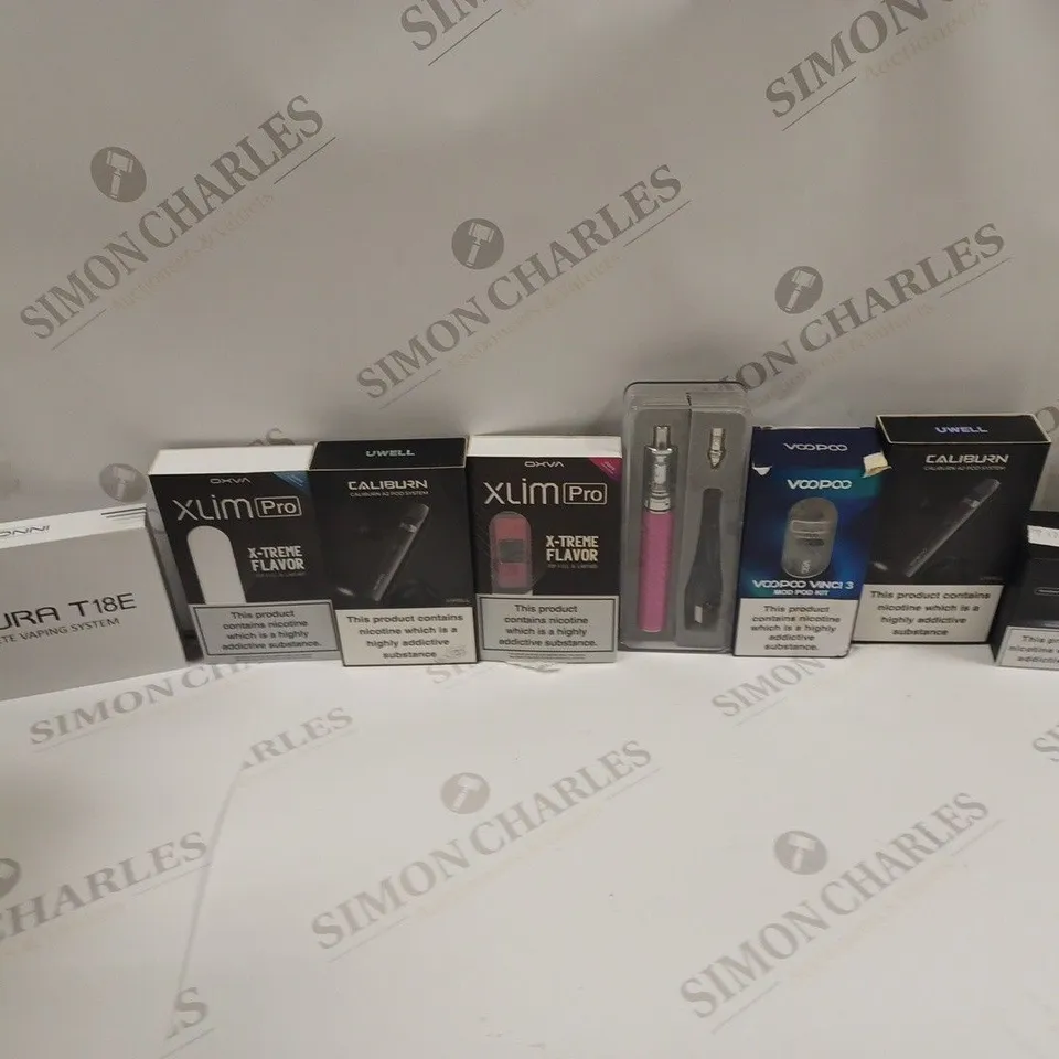 LOT OF APPROXIMATELY 20 E-CIGARETTES TO INCLUDE ENDURA T18E, GEEKVAPE 1FC, AND CALIBURN A2 POD ETC. 