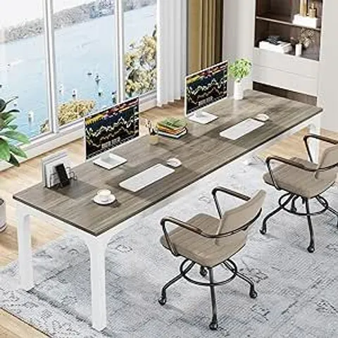 BOXED TRIBESIGNS 78.7in EXTRA LONG COMPUTER DESK, 2 PERSON DESK - OAK/WHITE (1 BOX)