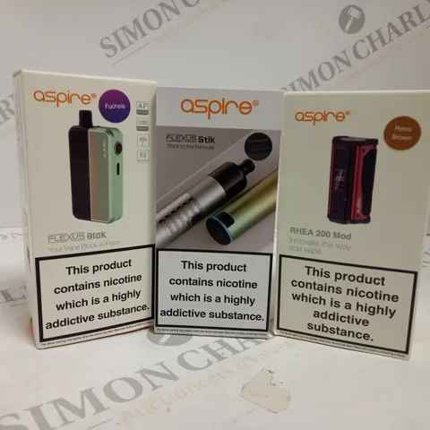 APPROXIMATELY 20 ASSORTED BOXED ASPIRE VAPING PRODUCTS TO INCLUDE RHEA 200 MOD, FLEXUS BLOK, FLEXUS STIK KIT ETC.
