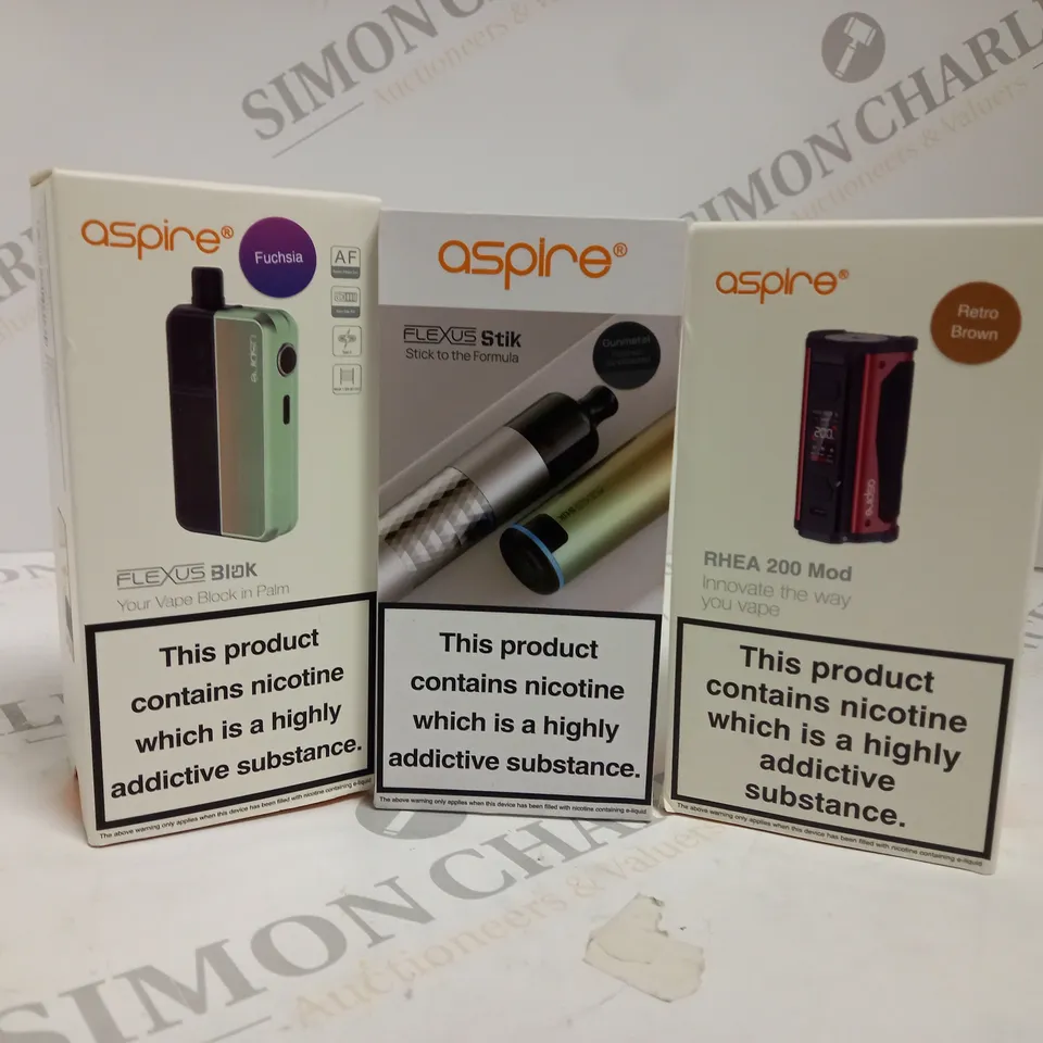 APPROXIMATELY 20 ASSORTED BOXED ASPIRE VAPING PRODUCTS TO INCLUDE RHEA 200 MOD, FLEXUS BLOK, FLEXUS STIK KIT ETC.