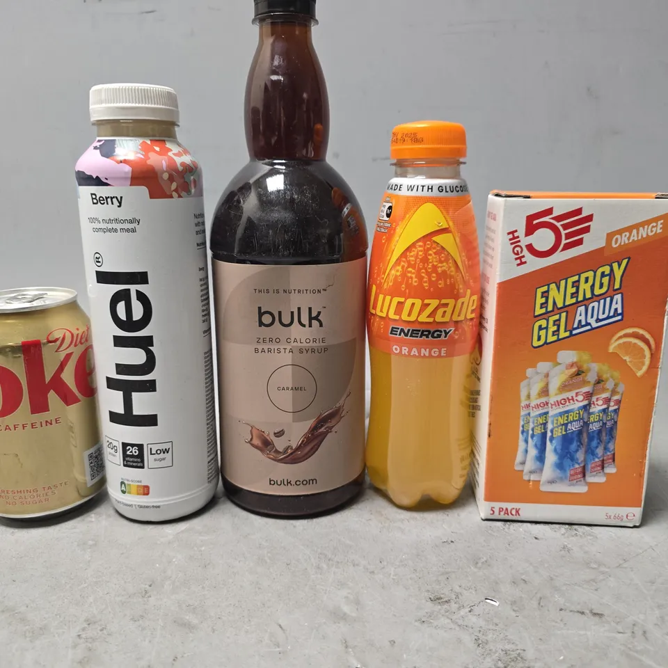 APPROXIMATELY 13 ASSORTED FOOD & DRINK ITEMS TO INCLUDE - HUEL BERRY , ENERGY GEL AQUA  , DIET COKE NO CAFFEINE ETC