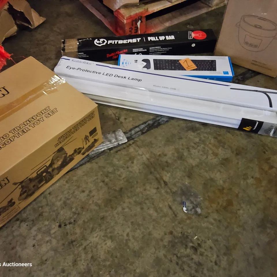 PALLET OF ASSORTED ITEMS TO INCLUDE, SMART BOXING WALL TARGET, ELECTRIC HOT POT & GRILL, RICE COOKER, WIRELESS MOUSE & KEYBOARD SEG, JUMBO TRANSPORT HELICOPTER TOY SET, VENETIAN BLIND, PULL UP BAR.