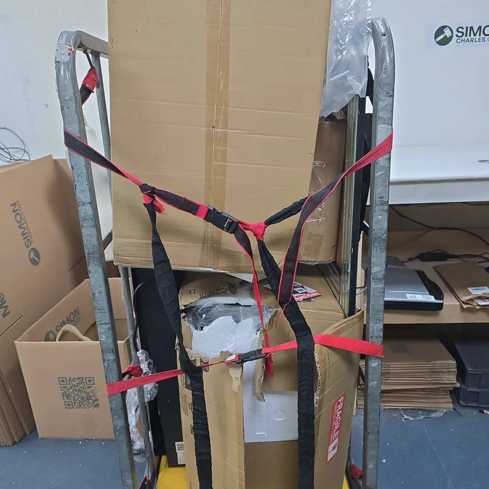 CAGE OF APPROXIMATELY 8 ASSORTED ITEMS TO INCLUDE SILVER FRAME, FORD HUB CAP ETC