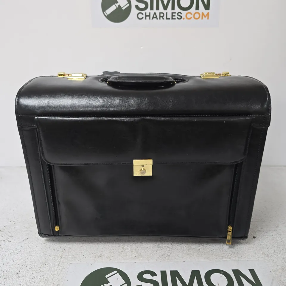 BLACK LEATHER ATTACHE CASE WITH GOLD TONE HARDWARE