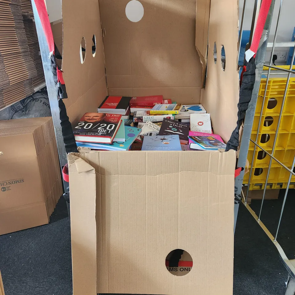 CAGE OF A SIGNIFICANT QUANTITY OF ASSORTED BOOKS BY MAX GLADSTONE, TATSUKI FUJIMOTO, CAITLIN MORAN, JULIA QUINN, ROBERT GREENE, REBECCA BIRELL, ETC
