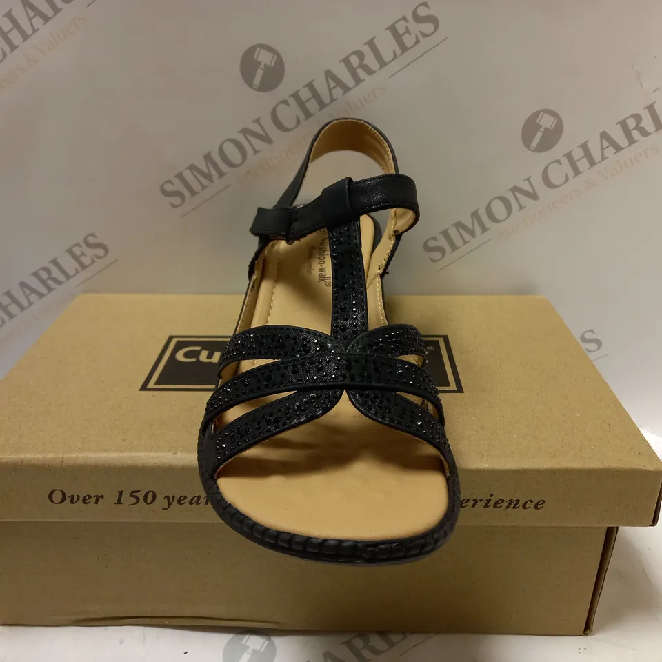 BOXED CUSHION WALK DIAMANTE TRIM SANDALS, BLACK - SIZE 6 